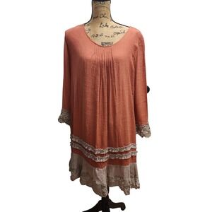 Paisley Grace Women's XL Orange Rust Lace Trim Long Sleeve Dress